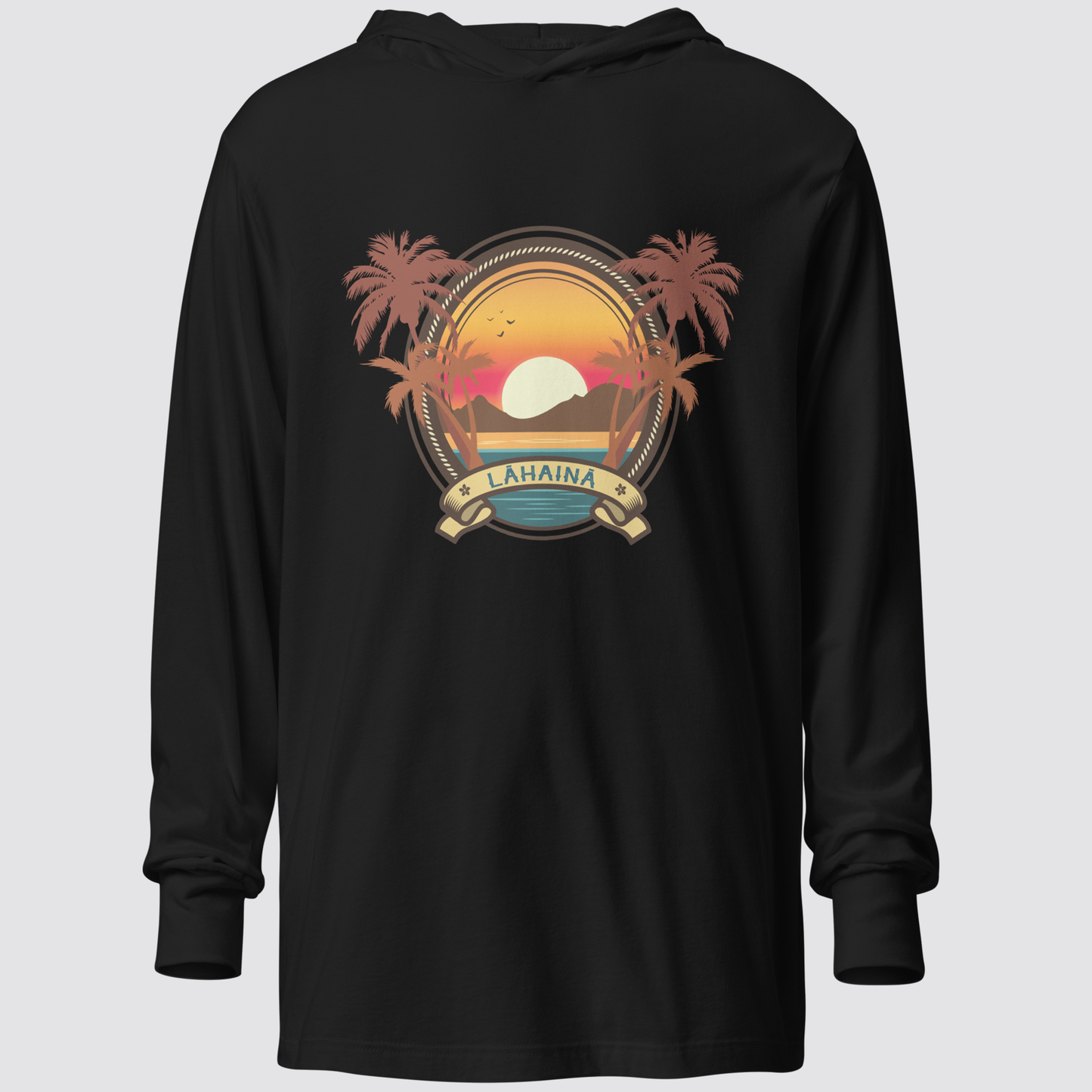 Lāhainā Long Sleeve Hooded Tee (Unisex 100% Cotton, Black)