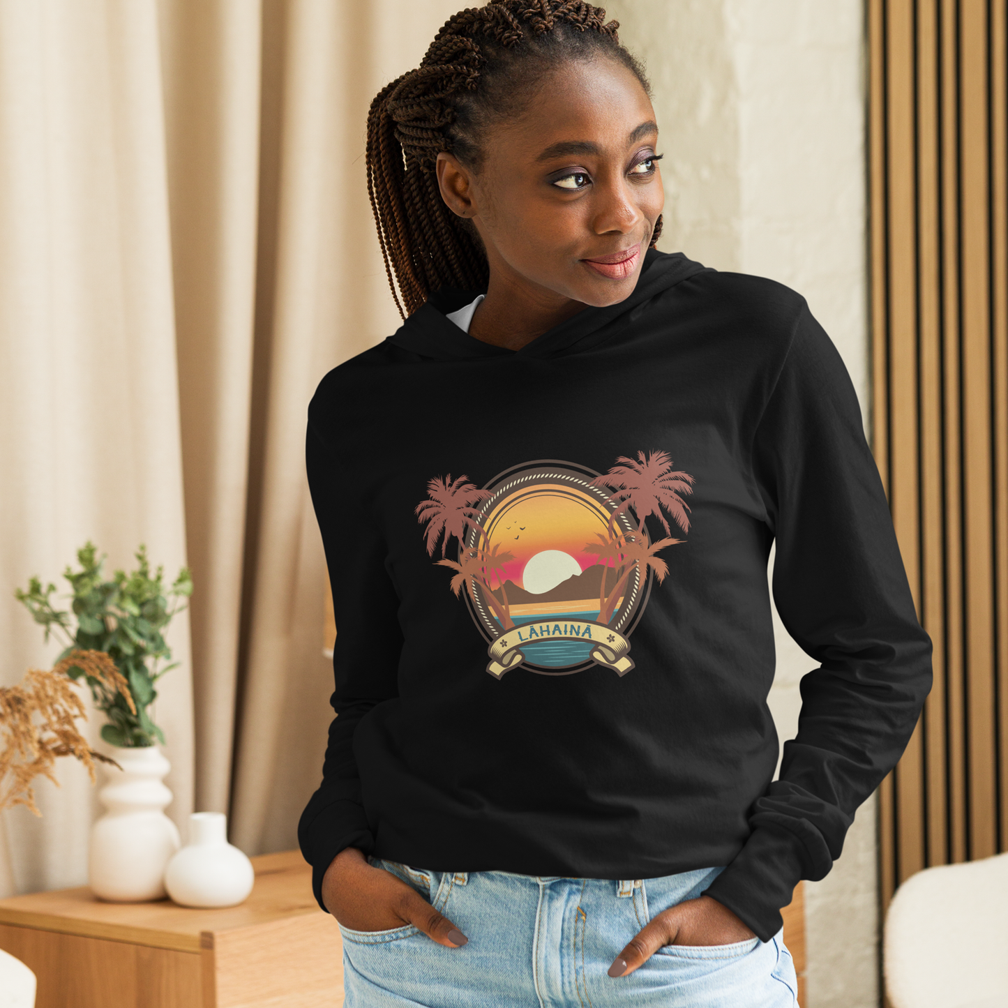 Lāhainā Long Sleeve Hooded Tee (Unisex 100% Cotton, Black)